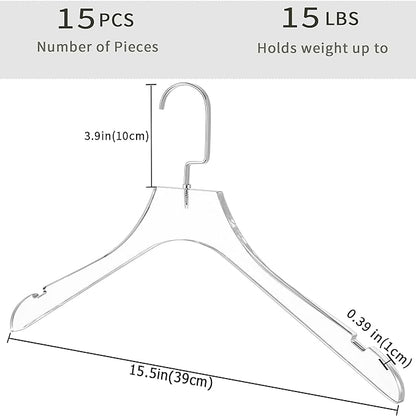 Besser 15 Pack Acrylic Hangers Gold Acrylic Hanger with Clips Premium Quality Crystal Clear Hangers Luxury Dress Suit Hangers(Silver Hook)