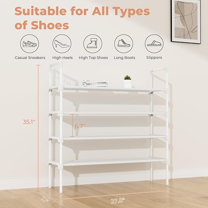 LANTEFUL 4 Tier Shoe Rack for Closet Shoe Organizer with 5 Hooks, Long Shoe Shelf Storage for Shoe and Boot Stackable Free Standing Shoe Rack for Entryway, Garage, Small Spaces, Dorm, White