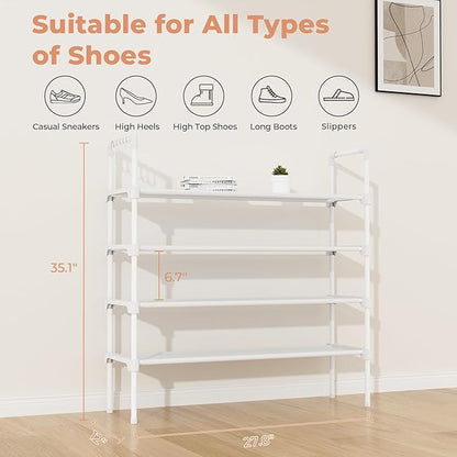 LANTEFUL 4 Tier Shoe Rack for Closet Shoe Organizer with 5 Hooks, Long Shoe Shelf Storage for Shoe and Boot Stackable Free Standing Shoe Rack for Entryway, Garage, Small Spaces, Dorm, White