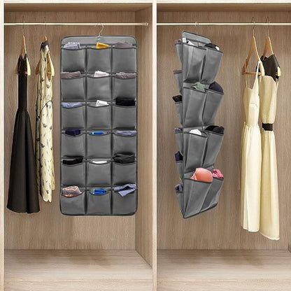 Dual Sided Hanging Closet Organizer Shoe Rack Holder with 26 Large Pockets (GREY)