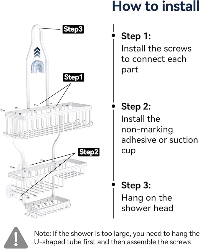 YASONIC Never-Rust Aluminum Hanging Shower Caddy – Over-the-Showerhead Organizer with 10 Hooks for Razor and Sponge – Includes Soap Basket – White