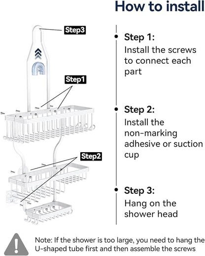 YASONIC Never-Rust Aluminum Hanging Shower Caddy – Over-the-Showerhead Organizer with 10 Hooks for Razor and Sponge – Includes Soap Basket – White