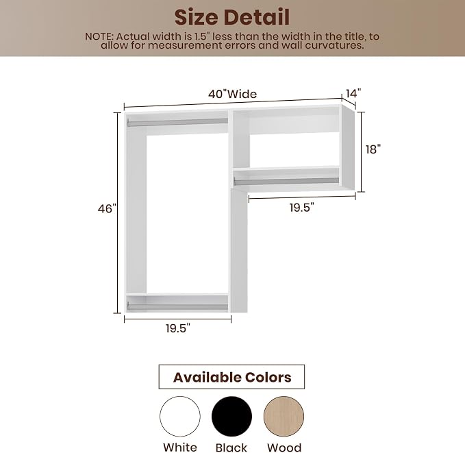 ROOMTEC Modular Closet System, 40" Wall-Mounted Closet Organizer with Hanging Rods, Wooden Tower for Walk-In Closets, Wardrobe Storage Kit, White
