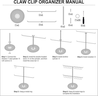 Metal Claw Clip Organizer, 2-Tier Hair Clip Holder Stand with Tray, Hair Clip Storage Display Rack with 20 Golden Rings, Hair Accessories Organizer Room Decor for Women and Girls