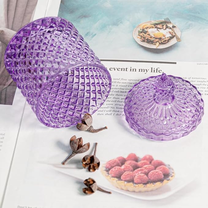 R FLORY 2 Pack Qtip Holder Glass Apothecary Jars with Lids Bathroom Storage Organizer for Cotton Swabs, Balls, Pads, Floss Picks, Vanity Storage Containers for Makeup, Candy, Jewelry (10+24oz, Purple)
