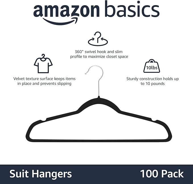 Amazon Basics Slim Velvet Non-Slip Space Saving Suit Clothes Hangers, Closet Organizer, Black/Silver, 100-Pack