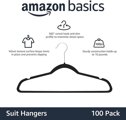 Amazon Basics Slim Velvet Non-Slip Space Saving Suit Clothes Hangers, Closet Organizer, Black/Silver, 100-Pack