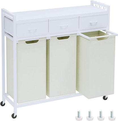 Timberer Laundry Hamper, Laundry Sorter 3 Section, Rolling Laundry Basket with Wheels, 3 Drawers, 3 × 14.5 Gal (55 L), Pull-Out and Removable Oxford Fabric Bags, White and Beige