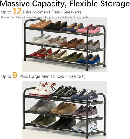 3-Tier Expandable Shoe Rack, 9.4" Ultra-Slim Metal Shoe Shelf for Entryway & Closet, 17.3"-31.5" Adjustable Length, Narrow Space-Saving Shoe Organizer for Dorm, Apartment