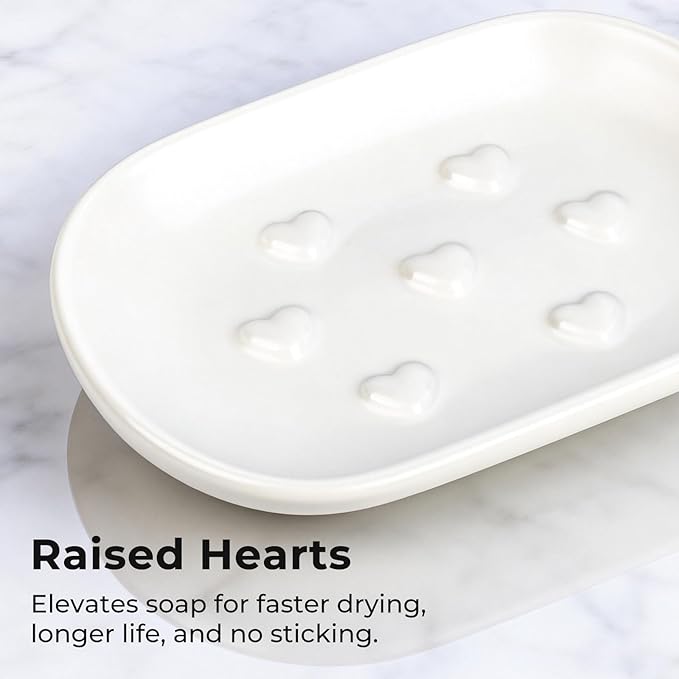 HILLSPRING Ceramic Soap Dish with Heart Bump Design, Keeps Bar Soap Elevated and Dry, Decorative Bar Soap Holder for Bathroom, Kitchen Sink, Vanity, Matte White, 5"x3.5"