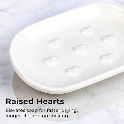 HILLSPRING Ceramic Soap Dish with Heart Bump Design, Keeps Bar Soap Elevated and Dry, Decorative Bar Soap Holder for Bathroom, Kitchen Sink, Vanity, Matte White, 5"x3.5"