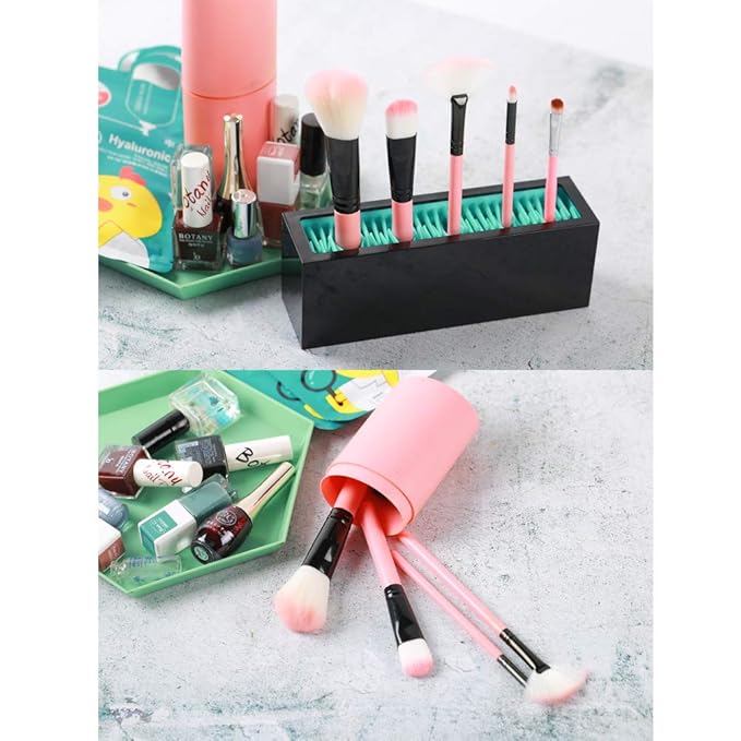 JAMEND CLXP Makeup Brushes Holder Organizer, Silicone Vanity Air Drying Rack Display Storage for Brush, Eyeliners and More, Practical Cosmetic Tools Container (Red-Black)