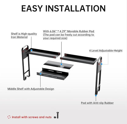 Kitchen Spice Rack Over The Stove, Shelf for Back of Stove, Stove Top Shelf for Seasoning Organizer, Over Oven Shelf, Countertop, Expandable Length 27.3''-32.6'', 4 Adjustable Height (Black, Normal)
