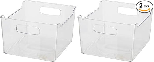 Oggi Storage Bin With Handles - Deep (9.75" x 9" x 6") - Ideal for Kitchen Organization, Pantry Storage, Fridge Organizing, Clear (Pack of 2)