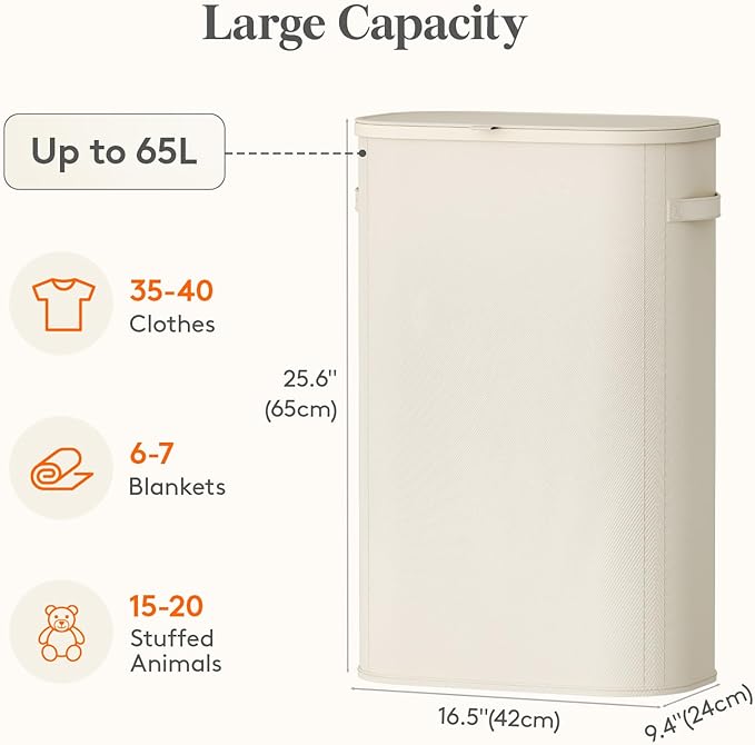 Lifewit Slim Laundry Basket with Lid, Narrow Large Laundry Hamper with Plastic Handles and Removable Bag, Tall Foldable Dirty Clothes Hampers for Laundry Room, Bedroom, Bathroom, Dorm, 65L White