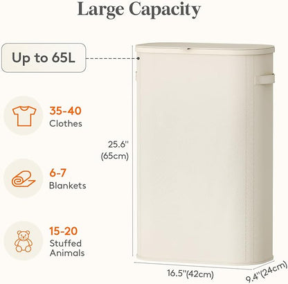 Lifewit Slim Laundry Basket with Lid, Narrow Large Laundry Hamper with Plastic Handles and Removable Bag, Tall Foldable Dirty Clothes Hampers for Laundry Room, Bedroom, Bathroom, Dorm, 65L White
