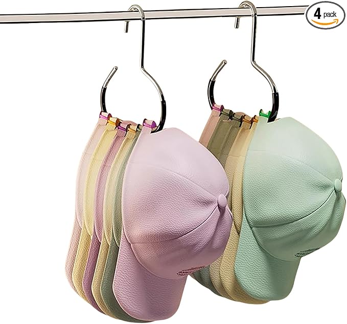 4 Pack Hat Hangers for Closet, Premium Hat Organizer for Baseball Caps, Black Baseball Hanger Holder for Closet, Metal Hats Hook Rack Storage Organizer for Cap Head Scarf Belt Tie (4 Black)