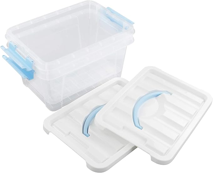 Gloreen 6 Quart Clear Storage Bins with Lid and Blue Handle, Multipurpose Plastic Storage Latch Box/Containers, 2 Packs