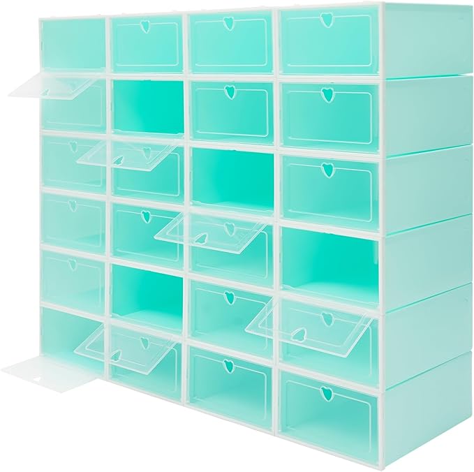 24Pcs Stackable Shoe Storage Boxes with Clear Doors - Foldable Shoe Organizer for Closet Cabinet, Black/White/Green Options for Sneakers Boots Home Organization (Green)