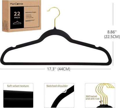 ManGotree Velvet Coat Hangers with 360° Swivel Gold Hook, Non-Slip Felt Suit Hangers, Slim Space Saving Clothes Hanger for Jacket, Sweater, Shirt, Dress, Pants (22 Pack, Black)