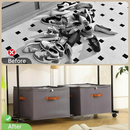 2 Pack Shoe Organizer for Closet, Foldable Storage Box with Adjustable Dividers, Holds 32 Pairs, Oxford & PP Board, Stackable Gray Bin with Clear Cover and Leather Handles, 17x17x12 inch