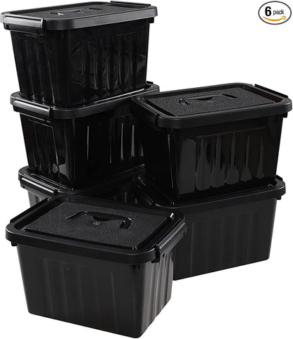 6L Plastic Storage Boxes, 6 Pack Black Storage Bins with Lids
