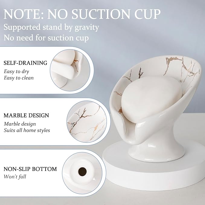 Soap Dish, Soap Holder Self Draining Leaf Shape Soap Dishes, Ceramic Drain Soap Dish for Sink Bathroom Shower Kitchen, Easy to Clean Keeps Soap Dry, Cream White & Gold Marble Pattern, ANTIS'S HOME