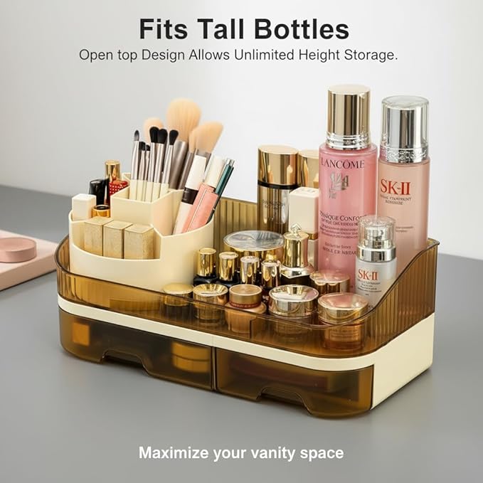 Makeup Organizer with Dual Drawers - Large Capacity Countertop Cosmetic Storage for Skincare Vanity Bathroom