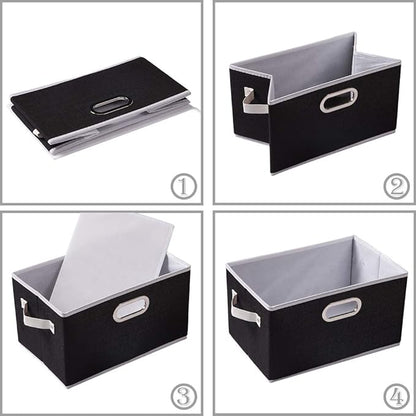 PRANDOM Larger Collapsible Storage Bins for Closet [3-pack] Decorative Linen Fabric Storage Baskets Cubes with Leather/Metal Handles for Living Room Black (17.3x12.2x10.4 Inch)