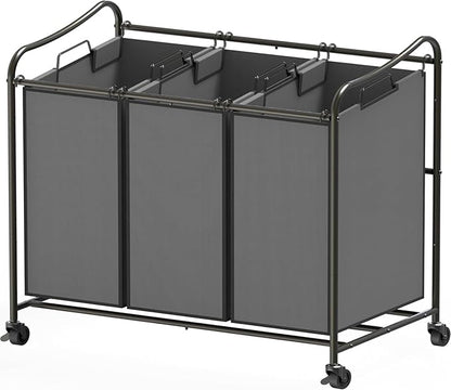 Simple Houseware Heavy Duty 3-Bag Laundry Sorter Rolling Cart, Dark Grey – Durable Triple Laundry Hamper with Removable Bags and Lockable Wheels for Efficient Laundry Organization