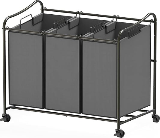 Simple Houseware Heavy Duty 3-Bag Laundry Sorter Rolling Cart, Dark Grey – Durable Triple Laundry Hamper with Removable Bags and Lockable Wheels for Efficient Laundry Organization