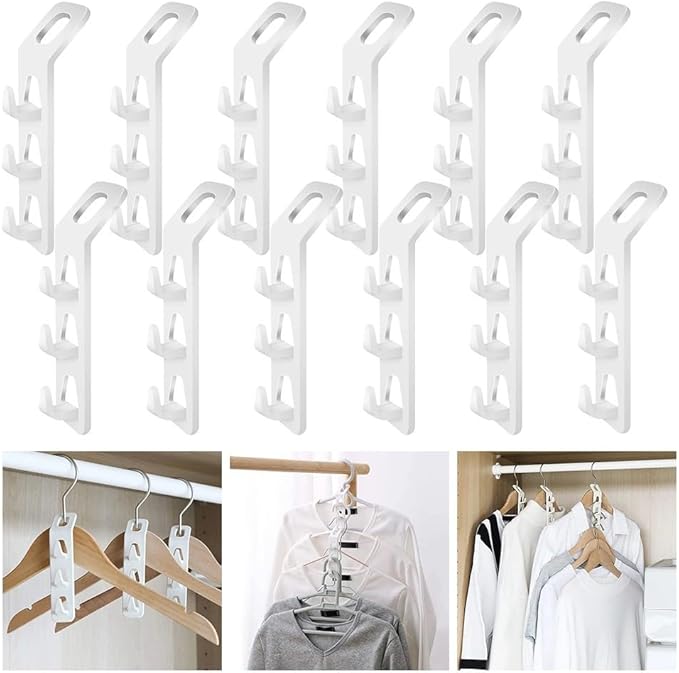 Space Saving Cascading Clothes Hanger Hooks, 12-Pack Multi-Function Cabinet Organizer for Pants, Bags & Accessories – Thick PP Material, Compatible with All Standard Hangers