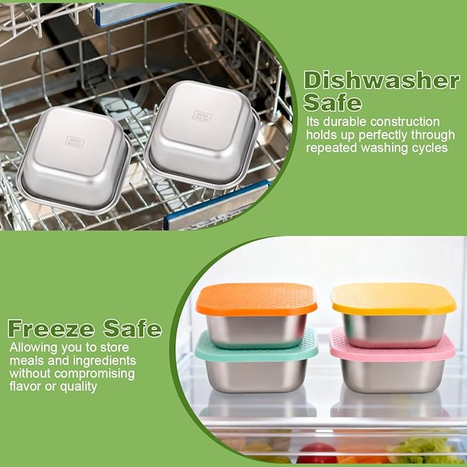 4 Pack Sandwich Containers: 30oz Stainless Steel Lunch Box with Silicone Lids, Meal Prep Container Reusable Metal Sandwiches Food Storage for Kitchen & Office Salad Snacks Fruits