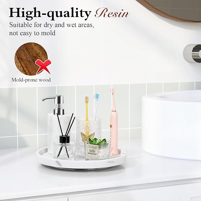 Luxspire Turntable Lazy Susan for Table Top, Marble Round Tray 10.63 inch, Lazy Susan for Cabinet Dining Table Kitchen Pantry, Rotating Bathroom Countertop Organizer, Gravel White