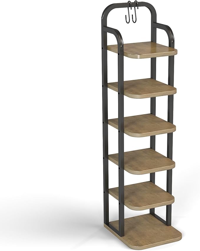 6 Tier Vertical Shoe Rack, Adjustable Shelves, Tall Wooden Narrow Shoe Rack with Hooks for Small Space Entryway Living Room
