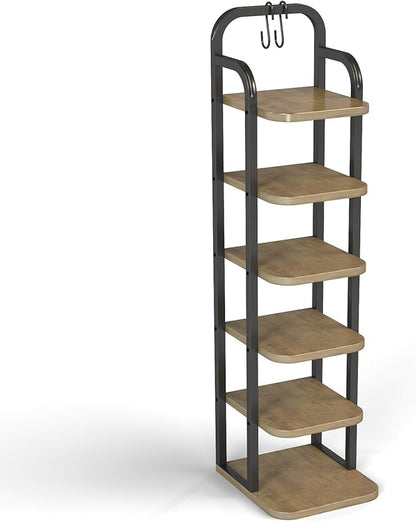 6 Tier Vertical Shoe Rack, Adjustable Shelves, Tall Wooden Narrow Shoe Rack with Hooks for Small Space Entryway Living Room