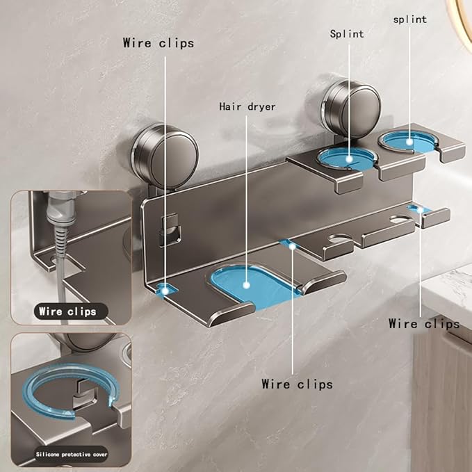 Hair Dryer Holder Wall Mounted - Suction Hair Dryer Organizer with Shelf & Hooks, 3 in 1 Bathroom Hair Tool for Blow Dryer, Curling Iron, Straightener (Grey)
