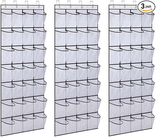 Hanging Closet Organizer Over The Door Shoe Holder Breathable Mesh Shoe Holder Wall Behind With Metal Hooks 3 Pack,59”×22”(White)