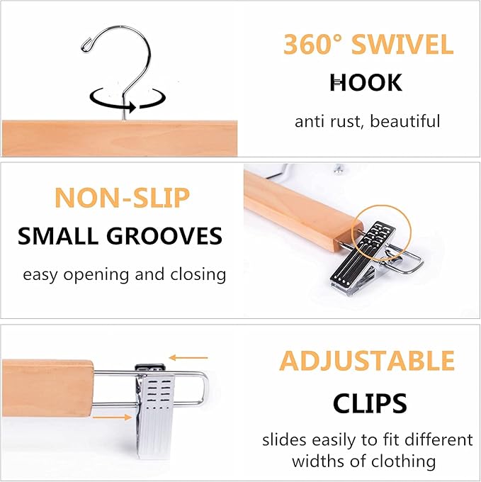 Amber Home 24 Pack 14.17" Solid Natural Wooden Pant Skirt Hangers, Bottom Hangers for Slacks Trousers Jeans with 2-Adjustable Anti-Rust Clips (Natural, 24 Pack)