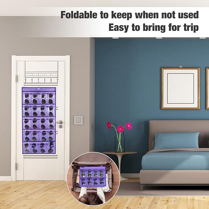 Hanging Sunglasses Organizer Wall Mounted Eyeglasses Holder with 20 Clear Slots (PURPLE)