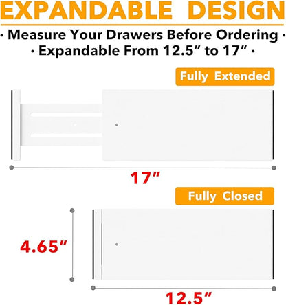 SpaceAid Bamboo Dresser Drawer Dividers 6 Pack, (Need 4.65" Deep Drawer) Adjustable 12.5“-17” Organizers, Expandable Organization for Clothing, Clothes, Dressers, White