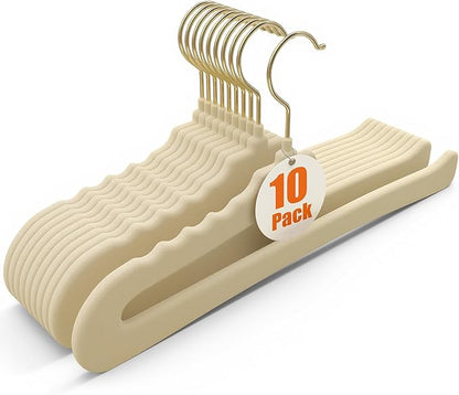 Flottian 10 Pack Velvet Pants Hangers - Open Ended Non-Slip Heavy Duty Closet Organizers with 360° Swivel Hook, Space-Saving Felt Hangers for Pants, Jeans, Dresses & Towels, Beige