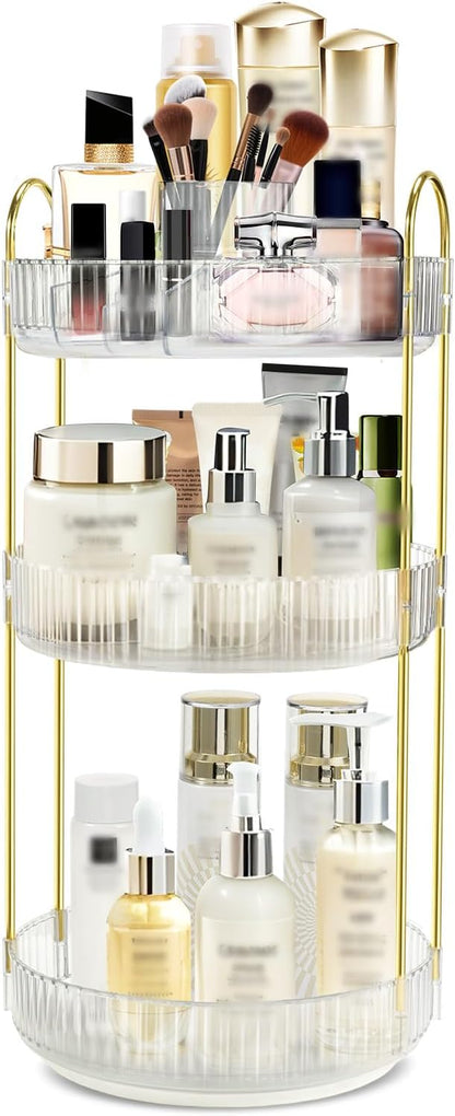 Rotating Makeup Organizer for Vanity, High-Capacity Skincare Perfume Storage, Bathroom Counter Organizer, 360 Spinning Cosmetic Dresser Countertop Organizers (White 3 Tier)
