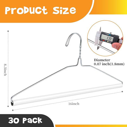 30 Pcs Dry Cleaner Hangers with Tubes - 16" Wire Hangers White Tube with Strong 15 Gauge Wire Bulk for Pants Caped Suit & Strut Home or Dry Cleaners (Silver)