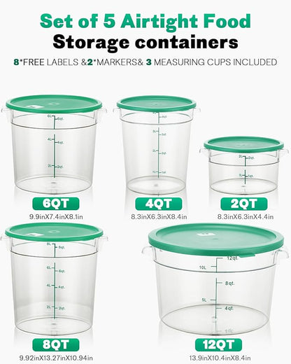 4QT NSF Round Food Storage Containers with Lids: 4 PCS [Total Food Grade][Hot&Cold Resistant] Dough Proofing Container for Pizza, Bread with Measuring Spoons Included(BPA FREE) (GREEN)