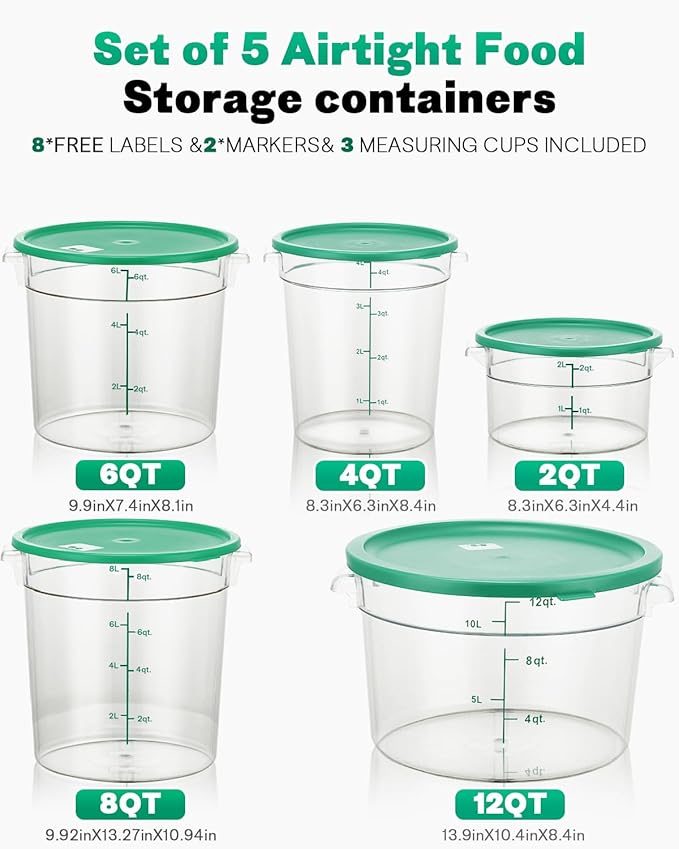 6QT NSF Round Food Storage Containers with Lids: 4 PCS [Total Food Grade][Hot&Cold Resistant] Dough Proofing Container for Pizza, Bread with Measuring Spoons Included(BPA FREE) (GREEN)