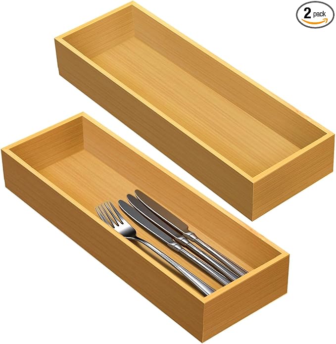 guiogc Set of 2 Bamboo Drawer Organizer, Stackable Utensil Organizer for Kitchen, Bamboo Storage Box Wood Silverware Tray for Drawer