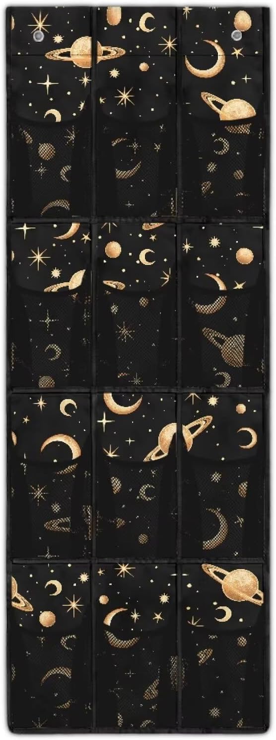 Moon Planet Over the Door Shoe Organizer,Hanging Storage Bags with 12 Mesh Large Pockets,Behind Door Shoes Hang Holder Rack