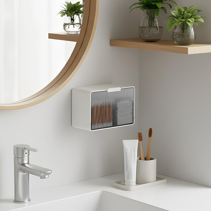 Qtip Holder, Wall Mount Qtip Holder Organizer for Bathroom Cotton Swabs, Balls, Cosmetic Cotton Pads, Dental Floss Storage - WhiteGrey