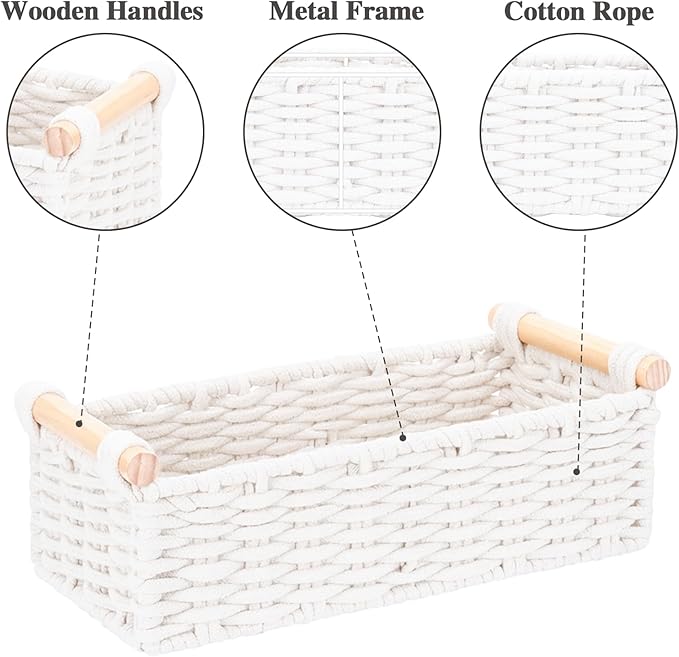 Boho Cotton Rope Storage Baskets Set of 2, Woven Wicker Organizer Bins with Wooden Handles, Small Decorative Boxes for Organizing, Toilet Paper Baskets for Bathroom Countertop, Shelves (White 2 Pack)